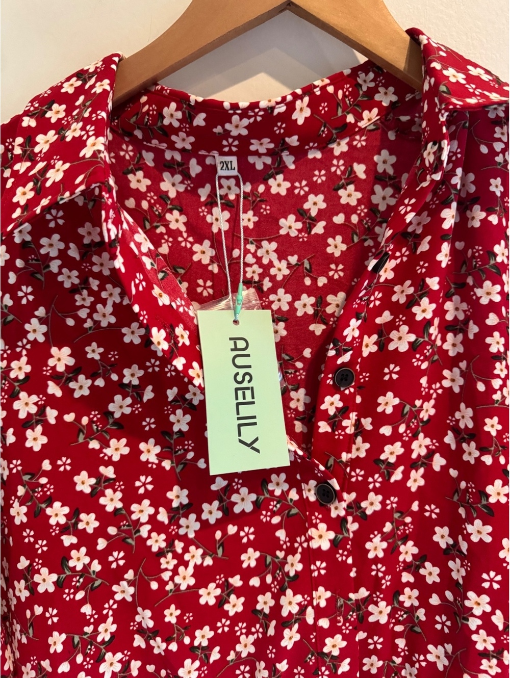 Auselily Red Floral Button Front Shirt Dress Size 2XL NWT